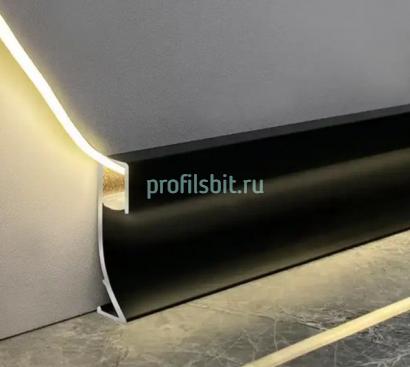 Алюминиевый плинтус напольный 71 мм с LED подсветкой и экраном ПО-193 черный матовый 2,7 м