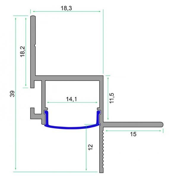 Алюминиевый плинтус потолочный с LED подсветкой H-2 LED 39х33 с экраном белый 3м