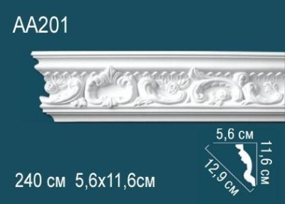 Потолочный плинтус с орнаментом Перфект AA201 116х129х56 мм 2,4 м белый полиуретан
