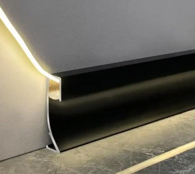 Алюминиевый плинтус напольный 71 мм с LED подсветкой и экраном ПО-193 черный матовый 2,7 м